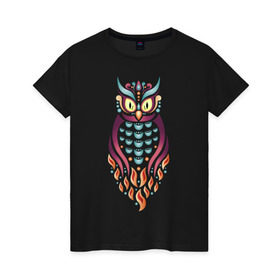 Женская футболка хлопок с принтом Яркая сова в Тюмени, 100% хлопок | прямой крой, круглый вырез горловины, длина до линии бедер, слегка спущенное плечо | птица | сова | яркий