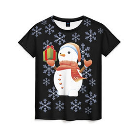 Женская футболка 3D с принтом Снеговик с подарком в Тюмени, 100% полиэфир ( синтетическое хлопкоподобное полотно) | прямой крой, круглый вырез горловины, длина до линии бедер | 2017 | дед мороз | зима | новый год | снеговик