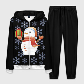 Мужской костюм 3D с принтом Снеговик с подарком в Тюмени, 100% полиэстер | Манжеты и пояс оформлены тканевой резинкой, двухслойный капюшон со шнурком для регулировки, карманы спереди | 2017 | дед мороз | зима | новый год | снеговик