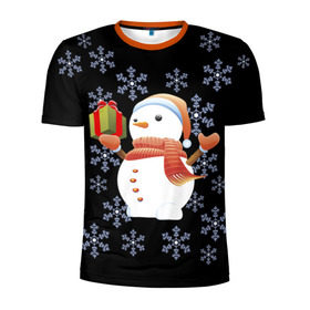 Мужская футболка 3D спортивная с принтом Снеговик с подарком в Тюмени, 100% полиэстер с улучшенными характеристиками | приталенный силуэт, круглая горловина, широкие плечи, сужается к линии бедра | Тематика изображения на принте: 2017 | дед мороз | зима | новый год | снеговик
