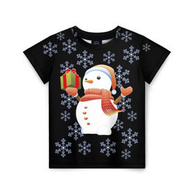 Детская футболка 3D с принтом Снеговик с подарком в Тюмени, 100% гипоаллергенный полиэфир | прямой крой, круглый вырез горловины, длина до линии бедер, чуть спущенное плечо, ткань немного тянется | 2017 | дед мороз | зима | новый год | снеговик
