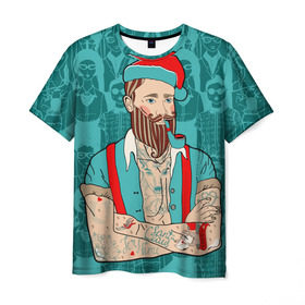 Мужская футболка 3D с принтом Санта хипстер в Тюмени, 100% полиэфир | прямой крой, круглый вырез горловины, длина до линии бедер | 