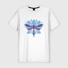 Мужская футболка премиум с принтом Стрекоза на лотосе в Тюмени, 92% хлопок, 8% лайкра | приталенный силуэт, круглый вырез ворота, длина до линии бедра, короткий рукав | Тематика изображения на принте: лотос | насекомые | стрекоза | цветы