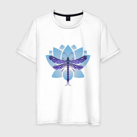 Мужская футболка хлопок с принтом Стрекоза на лотосе в Тюмени, 100% хлопок | прямой крой, круглый вырез горловины, длина до линии бедер, слегка спущенное плечо. | лотос | насекомые | стрекоза | цветы