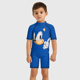 Детский купальный костюм 3D с принтом Соник в Тюмени, Полиэстер 85%, Спандекс 15% | застежка на молнии на спине | sega | sonic | аркада | ёж | ёжик | лицо | палец | приставка | синий