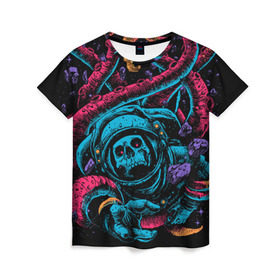 Женская футболка 3D с принтом Космический осьминог в Тюмени, 100% полиэфир ( синтетическое хлопкоподобное полотно) | прямой крой, круглый вырез горловины, длина до линии бедер | astro | cosmo | galaxy | kraken | octopus | space | астронавт | галактика | космонавт | космос | кракен | осьминог