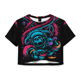 Женская футболка 3D укороченная с принтом Космический осьминог в Тюмени, 100% полиэстер | круглая горловина, длина футболки до линии талии, рукава с отворотами | astro | cosmo | galaxy | kraken | octopus | space | астронавт | галактика | космонавт | космос | кракен | осьминог