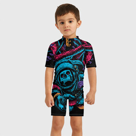 Детский купальный костюм 3D с принтом Космический осьминог в Тюмени, Полиэстер 85%, Спандекс 15% | застежка на молнии на спине | astro | cosmo | galaxy | kraken | octopus | space | астронавт | галактика | космонавт | космос | кракен | осьминог