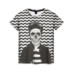 Женская футболка 3D с принтом Мертвый модник в Тюмени, 100% полиэфир ( синтетическое хлопкоподобное полотно) | прямой крой, круглый вырез горловины, длина до линии бедер | bone | death | fashion | hipster | skelet | skull | кости | мода | скелет | темный | хипстер | череп