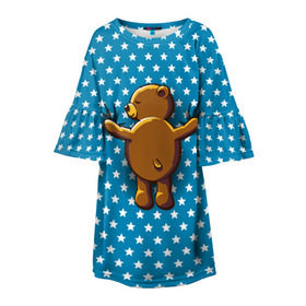 Детское платье 3D с принтом Медвежьи объятия в Тюмени, 100% полиэстер | прямой силуэт, чуть расширенный к низу. Круглая горловина, на рукавах — воланы | Тематика изображения на принте: bear | beast | kid | love | teddy | toy | звезды | зверь | игрушка | любовь | медведь | мишка