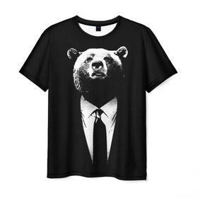 Мужская футболка 3D с принтом Медведь бизнесмен в Тюмени, 100% полиэфир | прямой крой, круглый вырез горловины, длина до линии бедер | Тематика изображения на принте: animal | bear | beast | business | suit | бизнес | джентльмен | животное | зверь | медведь | смокинг