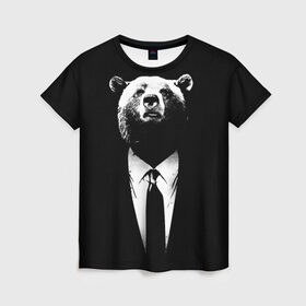 Женская футболка 3D с принтом Медведь бизнесмен в Тюмени, 100% полиэфир ( синтетическое хлопкоподобное полотно) | прямой крой, круглый вырез горловины, длина до линии бедер | animal | bear | beast | business | suit | бизнес | джентльмен | животное | зверь | медведь | смокинг