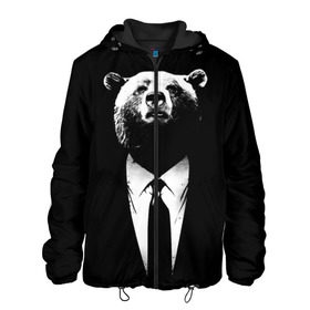 Мужская куртка 3D с принтом Медведь бизнесмен в Тюмени, ткань верха — 100% полиэстер, подклад — флис | прямой крой, подол и капюшон оформлены резинкой с фиксаторами, два кармана без застежек по бокам, один большой потайной карман на груди. Карман на груди застегивается на липучку | Тематика изображения на принте: animal | bear | beast | business | suit | бизнес | джентльмен | животное | зверь | медведь | смокинг