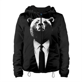 Женская куртка 3D с принтом Медведь бизнесмен в Тюмени, ткань верха — 100% полиэстер, подклад — флис | прямой крой, подол и капюшон оформлены резинкой с фиксаторами, два кармана без застежек по бокам, один большой потайной карман на груди. Карман на груди застегивается на липучку | animal | bear | beast | business | suit | бизнес | джентльмен | животное | зверь | медведь | смокинг