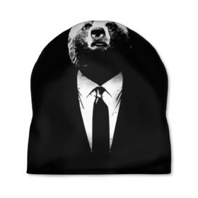 Шапка 3D с принтом Медведь бизнесмен в Тюмени, 100% полиэстер | универсальный размер, печать по всей поверхности изделия | Тематика изображения на принте: animal | bear | beast | business | suit | бизнес | джентльмен | животное | зверь | медведь | смокинг