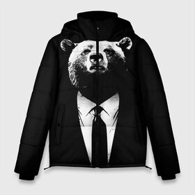 Мужская зимняя куртка 3D с принтом Медведь бизнесмен в Тюмени, верх — 100% полиэстер; подкладка — 100% полиэстер; утеплитель — 100% полиэстер | длина ниже бедра, свободный силуэт Оверсайз. Есть воротник-стойка, отстегивающийся капюшон и ветрозащитная планка. 

Боковые карманы с листочкой на кнопках и внутренний карман на молнии. | Тематика изображения на принте: animal | bear | beast | business | suit | бизнес | джентльмен | животное | зверь | медведь | смокинг