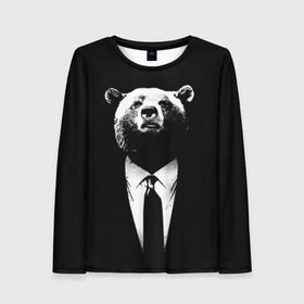 Женский лонгслив 3D с принтом Медведь бизнесмен в Тюмени, 100% полиэстер | длинные рукава, круглый вырез горловины, полуприлегающий силуэт | Тематика изображения на принте: animal | bear | beast | business | suit | бизнес | джентльмен | животное | зверь | медведь | смокинг