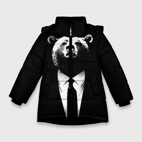 Зимняя куртка для девочек 3D с принтом Медведь бизнесмен в Тюмени, ткань верха — 100% полиэстер; подклад — 100% полиэстер, утеплитель — 100% полиэстер. | длина ниже бедра, удлиненная спинка, воротник стойка и отстегивающийся капюшон. Есть боковые карманы с листочкой на кнопках, утяжки по низу изделия и внутренний карман на молнии. 

Предусмотрены светоотражающий принт на спинке, радужный светоотражающий элемент на пуллере молнии и на резинке для утяжки. | Тематика изображения на принте: animal | bear | beast | business | suit | бизнес | джентльмен | животное | зверь | медведь | смокинг