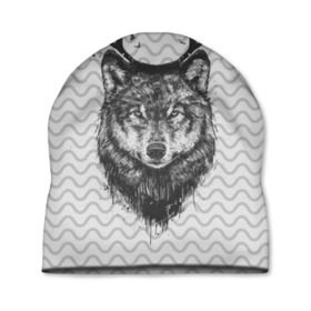 Шапка 3D с принтом Рогатый волк в Тюмени, 100% полиэстер | универсальный размер, печать по всей поверхности изделия | animal | beast | deer | moon | rage | roar | wild | wolf | вой | волк | животное | зверь | луна | олень | рога