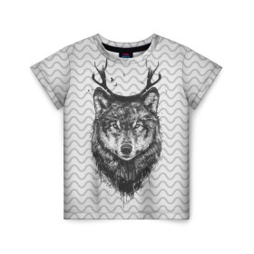 Детская футболка 3D с принтом Рогатый волк в Тюмени, 100% гипоаллергенный полиэфир | прямой крой, круглый вырез горловины, длина до линии бедер, чуть спущенное плечо, ткань немного тянется | animal | beast | deer | moon | rage | roar | wild | wolf | вой | волк | животное | зверь | луна | олень | рога