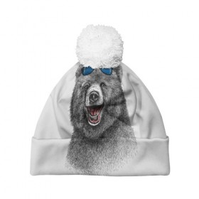 Шапка 3D c помпоном с принтом Счастливый медведь в Тюмени, 100% полиэстер | универсальный размер, печать по всей поверхности изделия | Тематика изображения на принте: animal | bear | beast | fashion | funny | животное | зверь | медведь | мода | радость | счастье