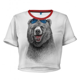 Женская футболка 3D укороченная с принтом Счастливый медведь в Тюмени, 100% полиэстер | круглая горловина, длина футболки до линии талии, рукава с отворотами | Тематика изображения на принте: animal | bear | beast | fashion | funny | животное | зверь | медведь | мода | радость | счастье