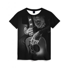 Женская футболка 3D с принтом Гитарист в Тюмени, 100% полиэфир ( синтетическое хлопкоподобное полотно) | прямой крой, круглый вырез горловины, длина до линии бедер | rock | гитара | рок | рок жив | рок музыка | русский рок