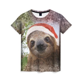 Женская футболка 3D с принтом Рождественский ленивец в Тюмени, 100% полиэфир ( синтетическое хлопкоподобное полотно) | прямой крой, круглый вырез горловины, длина до линии бедер | Тематика изображения на принте: джунгли | животное | ленивый | лень | новый год | рождество | снег | снежинки | тропики | улыбка | шапка