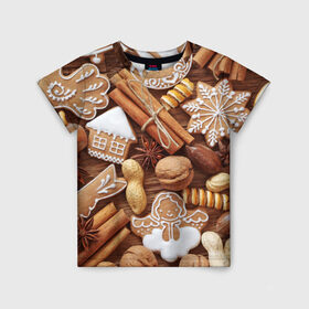 Детская футболка 3D с принтом Cinnamon в Тюмени, 100% гипоаллергенный полиэфир | прямой крой, круглый вырез горловины, длина до линии бедер, чуть спущенное плечо, ткань немного тянется | выпечка | новый год | пряники | пряности | рождество