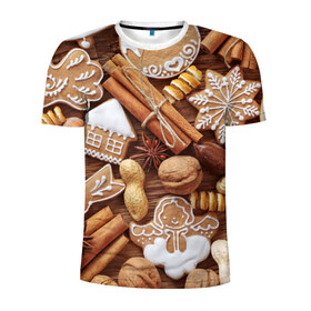 Мужская футболка 3D спортивная с принтом Cinnamon в Тюмени, 100% полиэстер с улучшенными характеристиками | приталенный силуэт, круглая горловина, широкие плечи, сужается к линии бедра | выпечка | новый год | пряники | пряности | рождество