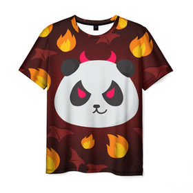 Мужская футболка 3D с принтом Панда дьяволенок в Тюмени, 100% полиэфир | прямой крой, круглый вырез горловины, длина до линии бедер | Тематика изображения на принте: дьяволенок | красный | крылья | огонь | панда | рога