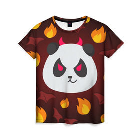 Женская футболка 3D с принтом Панда дьяволенок в Тюмени, 100% полиэфир ( синтетическое хлопкоподобное полотно) | прямой крой, круглый вырез горловины, длина до линии бедер | дьяволенок | красный | крылья | огонь | панда | рога