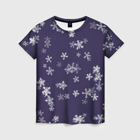 Женская футболка 3D с принтом Снежная феерия (синий) в Тюмени, 100% полиэфир ( синтетическое хлопкоподобное полотно) | прямой крой, круглый вырез горловины, длина до линии бедер | happy new year | блеск | ёлка | зима | конфетти | новый год | подарки | праздник | снег | снежинки