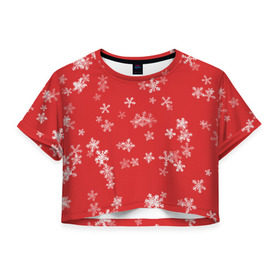 Женская футболка 3D укороченная с принтом Снежная феерия (красный) в Тюмени, 100% полиэстер | круглая горловина, длина футболки до линии талии, рукава с отворотами | 