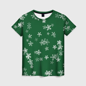 Женская футболка 3D с принтом Снежная феерия (зелёный) в Тюмени, 100% полиэфир ( синтетическое хлопкоподобное полотно) | прямой крой, круглый вырез горловины, длина до линии бедер | happy new year | блеск | ёлка | зима | конфетти | новый год | подарки | праздник | снег | снежинки