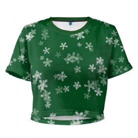 Женская футболка 3D укороченная с принтом Снежная феерия (зелёный) в Тюмени, 100% полиэстер | круглая горловина, длина футболки до линии талии, рукава с отворотами | happy new year | блеск | ёлка | зима | конфетти | новый год | подарки | праздник | снег | снежинки