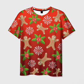 Мужская футболка 3D с принтом Новогодний узор в Тюмени, 100% полиэфир | прямой крой, круглый вырез горловины, длина до линии бедер | новогодний узор | новый год | омела | пряничный человечек | снежинка | узор