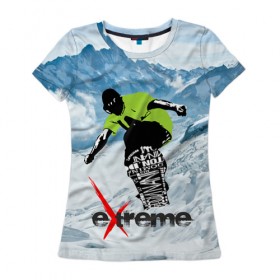 Женская футболка 3D с принтом Extreme в Тюмени, 100% полиэфир ( синтетическое хлопкоподобное полотно) | прямой крой, круглый вырез горловины, длина до линии бедер | extreme | snowboard | сноуборд | экстрим