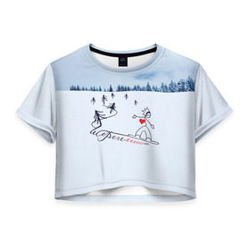 Женская футболка 3D укороченная с принтом Шерегеш в Тюмени, 100% полиэстер | круглая горловина, длина футболки до линии талии, рукава с отворотами | gesh | геш | лыжи | лыжник | сноуборд | шерегеш | шершавель