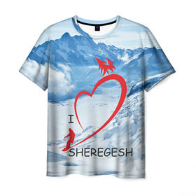 Мужская футболка 3D с принтом Love Sheregesh в Тюмени, 100% полиэфир | прямой крой, круглый вырез горловины, длина до линии бедер | gesh | геш | лыжи | лыжник | сноуборд | шерегеш | шершавель
