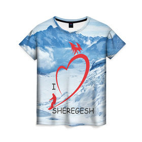 Женская футболка 3D с принтом Love Sheregesh в Тюмени, 100% полиэфир ( синтетическое хлопкоподобное полотно) | прямой крой, круглый вырез горловины, длина до линии бедер | gesh | геш | лыжи | лыжник | сноуборд | шерегеш | шершавель