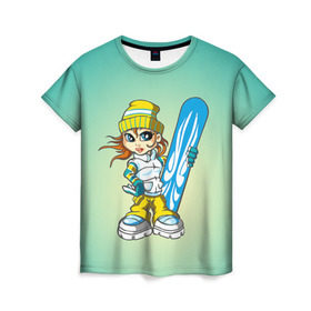 Женская футболка 3D с принтом Snowboard girl 1 в Тюмени, 100% полиэфир ( синтетическое хлопкоподобное полотно) | прямой крой, круглый вырез горловины, длина до линии бедер | extreme | girl | snowboard | девушка | сноуборд | экстрим