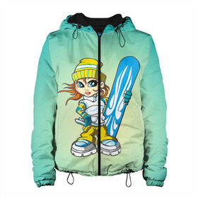Женская куртка 3D с принтом Snowboard girl 1 в Тюмени, ткань верха — 100% полиэстер, подклад — флис | прямой крой, подол и капюшон оформлены резинкой с фиксаторами, два кармана без застежек по бокам, один большой потайной карман на груди. Карман на груди застегивается на липучку | extreme | girl | snowboard | девушка | сноуборд | экстрим