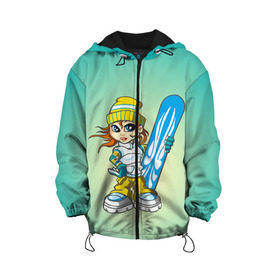 Детская куртка 3D с принтом Snowboard girl 1 в Тюмени, 100% полиэстер | застежка — молния, подол и капюшон оформлены резинкой с фиксаторами, по бокам — два кармана без застежек, один потайной карман на груди, плотность верхнего слоя — 90 г/м2; плотность флисового подклада — 260 г/м2 | extreme | girl | snowboard | девушка | сноуборд | экстрим