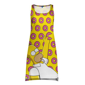 Платье-майка 3D с принтом Пончики Гомера Симпсона в Тюмени, 100% полиэстер | полуприлегающий силуэт, широкие бретели, круглый вырез горловины, удлиненный подол сзади. | donut | homer | simpson | гомер | еда | плюшка | пончик | симпсон