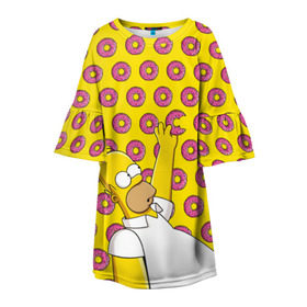 Детское платье 3D с принтом Пончики Гомера Симпсона в Тюмени, 100% полиэстер | прямой силуэт, чуть расширенный к низу. Круглая горловина, на рукавах — воланы | donut | homer | simpson | гомер | еда | плюшка | пончик | симпсон