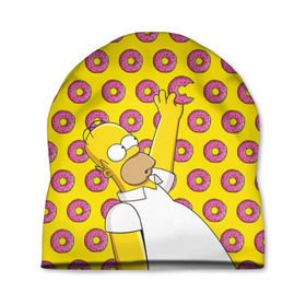Шапка 3D с принтом Пончики Гомера Симпсона в Тюмени, 100% полиэстер | универсальный размер, печать по всей поверхности изделия | Тематика изображения на принте: donut | homer | simpson | гомер | еда | плюшка | пончик | симпсон