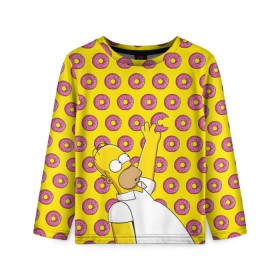Детский лонгслив 3D с принтом Пончики Гомера Симпсона в Тюмени, 100% полиэстер | длинные рукава, круглый вырез горловины, полуприлегающий силуэт
 | donut | homer | simpson | гомер | еда | плюшка | пончик | симпсон