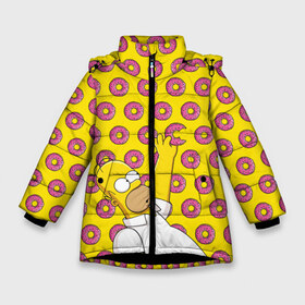 Зимняя куртка для девочек 3D с принтом Пончики Гомера Симпсона в Тюмени, ткань верха — 100% полиэстер; подклад — 100% полиэстер, утеплитель — 100% полиэстер. | длина ниже бедра, удлиненная спинка, воротник стойка и отстегивающийся капюшон. Есть боковые карманы с листочкой на кнопках, утяжки по низу изделия и внутренний карман на молнии. 

Предусмотрены светоотражающий принт на спинке, радужный светоотражающий элемент на пуллере молнии и на резинке для утяжки. | donut | homer | simpson | гомер | еда | плюшка | пончик | симпсон