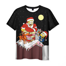 Мужская футболка 3D с принтом Симпсон - Санта Клаус в Тюмени, 100% полиэфир | прямой крой, круглый вырез горловины, длина до линии бедер | Тематика изображения на принте: bart | christmas | happy new year | homer simpson | the simpsons | барт | гомер | дед мороз | луна | новый год | олень | подарки | санта | снег | собака | сосульки